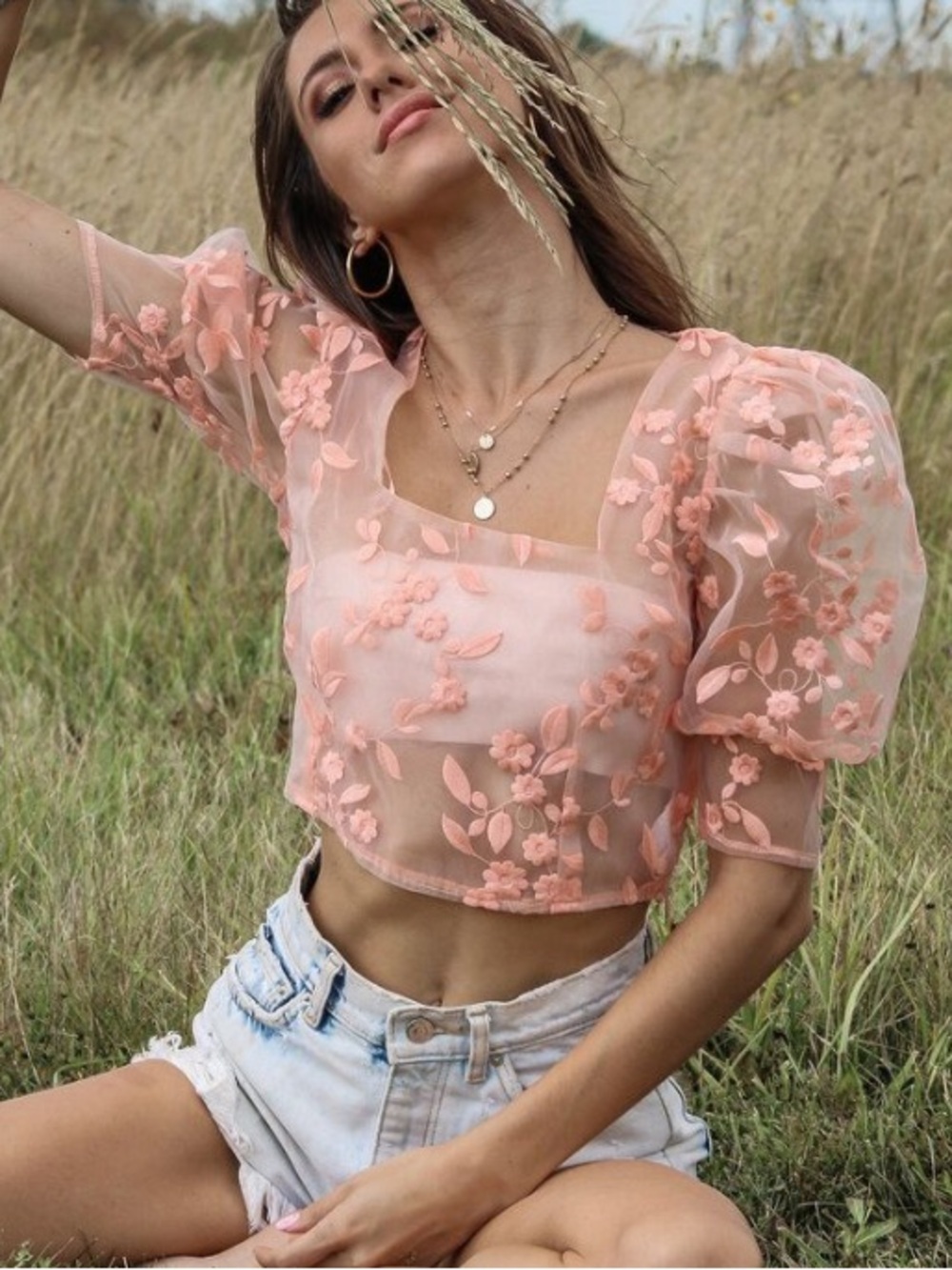 ZARA Peach Sheer organza Floral Square Neck Crop Top Size Large 8571